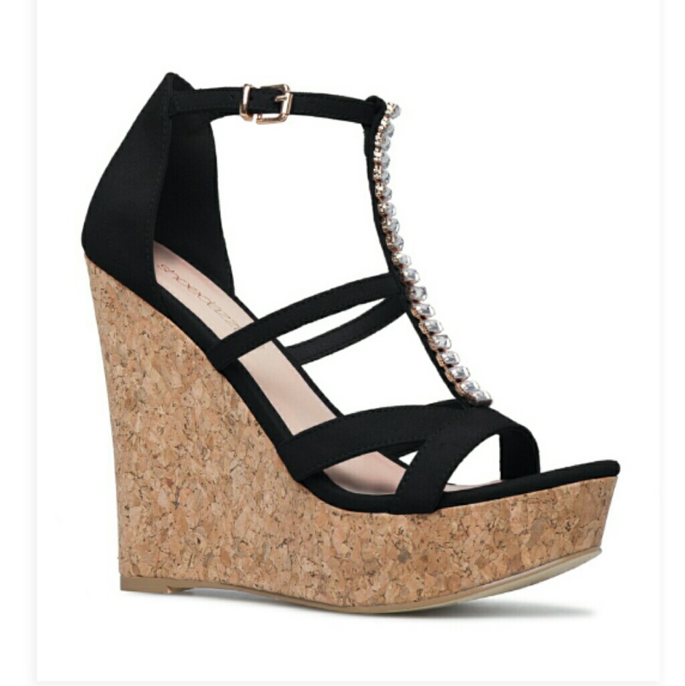 Diamond embellished black cork wedges